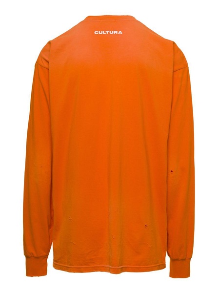 Orange Crewneck Sweatshirt With Contrasting Cltr Print In Jersey Man