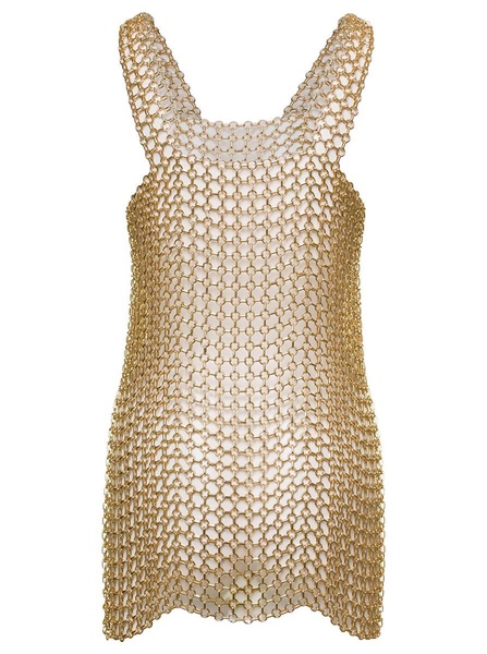 Gold-Tone Mini Dress With Shoulders Straps And Side Splits In Metal Mesh Woman