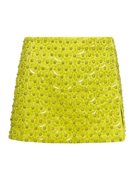 Green Mini Skirt With Crystal All Over In Organza Woman