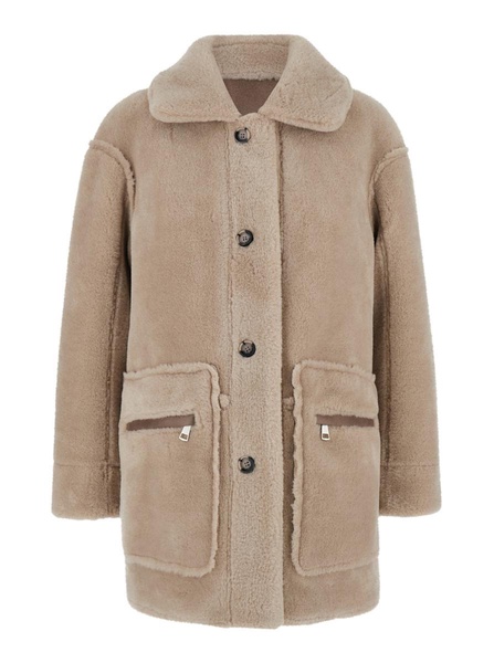 Brown Single-Breasted Shearling Jacket With Classic Wide Collar In Ecofur Woman