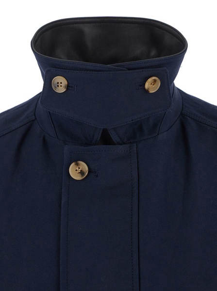 Blue Jacket With Leather Collar And Welt Chest Pockets In Cotton Man