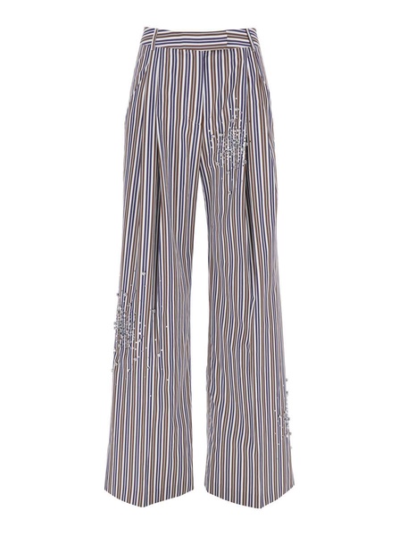 Blue Pants With Faux-Pearl Embellishments And All-Over Striped Motif In Cotton Woman