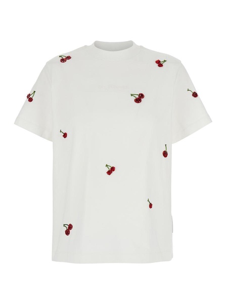 White T-Shirt With All-Over Sequined Cherry Decorations In Cotton Woman