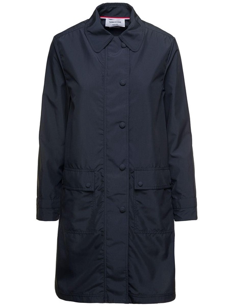 Blue Single-Breasted Trench Coat With Round Collar In Ripstop Woman