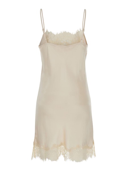 'Chantal' Mini White Dress With Tonal Lace Trim In Silk Woman in Beige