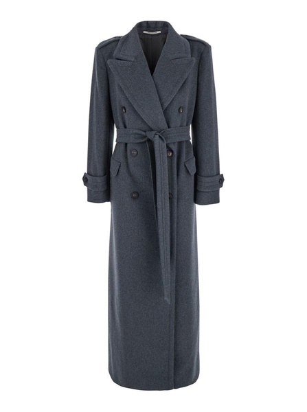 'Jody' Grey Double-Breasted Coat with Waist Belt in Virgin Wool Woman