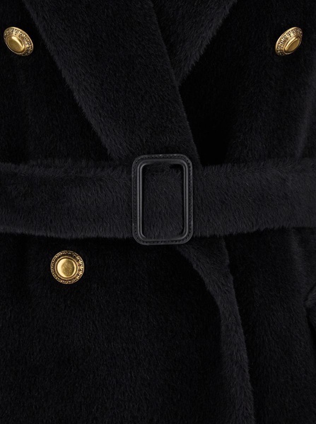 'Jole' Black Double-Breasted Coat with Waist Belt in Alpaca Blend Woman