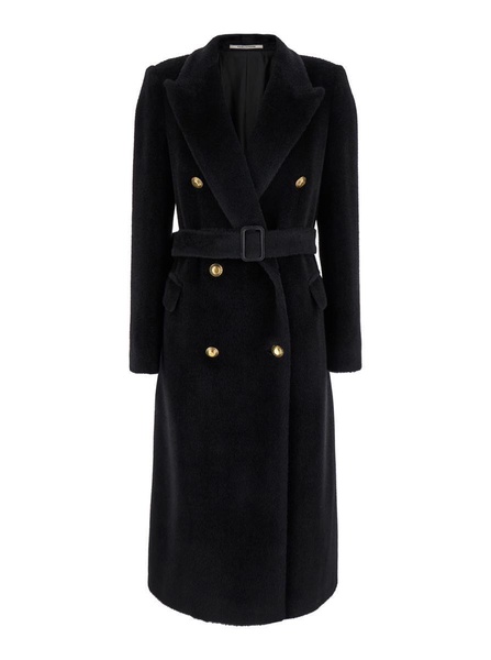 'Jole' Black Double-Breasted Coat with Waist Belt in Alpaca Blend Woman