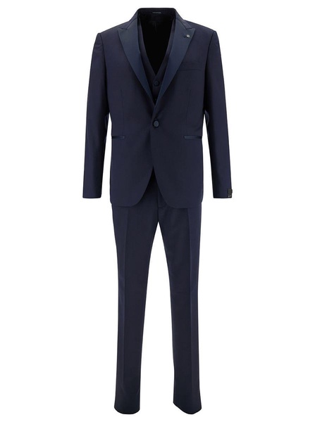 Blue Single-breasted Tuxedo With Vest In Wool Man