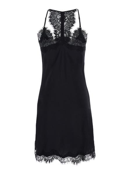 Mini Black Dress With Lace Trim And Racerback In Silk Woman in Black