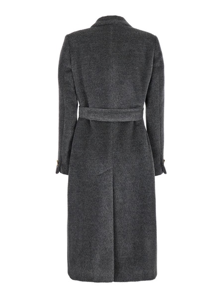 'Jole' Grey Double-Breasted Coat with Waist Belt in Alpaca Blend Woman