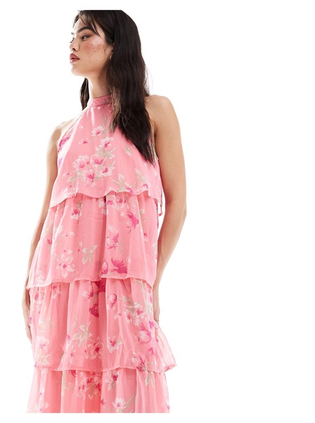 Vila high neck tiered maxi dress in pink vintage floral print