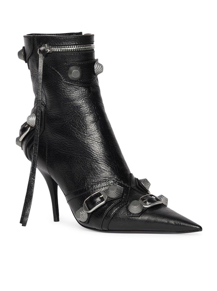 BALENCIAGA Women's Black Pointed Toe Ankle Boots with Stud, Tassel, and Zip Detailing