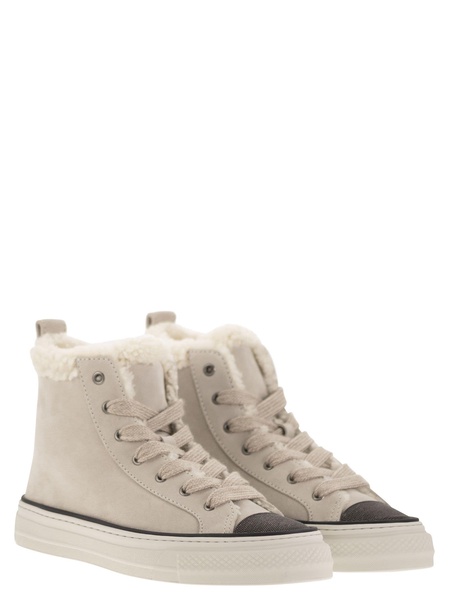 Brunello Cucinelli Suede Trainers With Shearling Lining And Jewelled Toe Cap