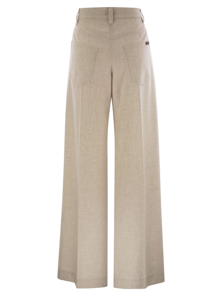 Brunello Cucinelli Wide High Waisted Wool And Cashmere Trousers With Necklace