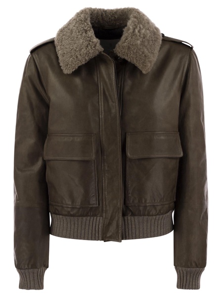 Brunello Cucinelli Leather Bomber Jacket And Shearling Collar