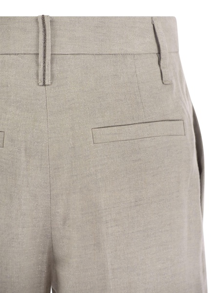 Brunello Cucinelli Flared Loose Fitting Trousers In Sparkling Linen Twill With Necklace