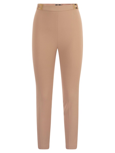 Elisabetta Franchi Straight Crepe Trousers With Logo Plaques