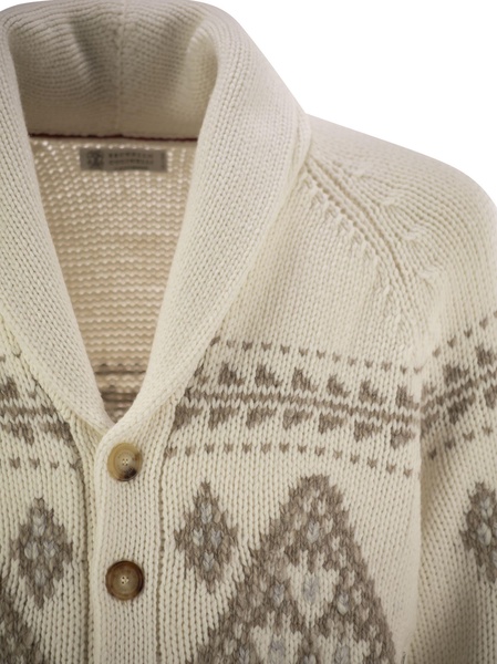 Brunello Cucinelli Geometric Jacquard Cashmere Feather Cardigan With Shawl Collar