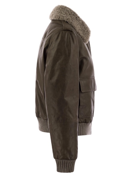 Brunello Cucinelli Leather Bomber Jacket And Shearling Collar