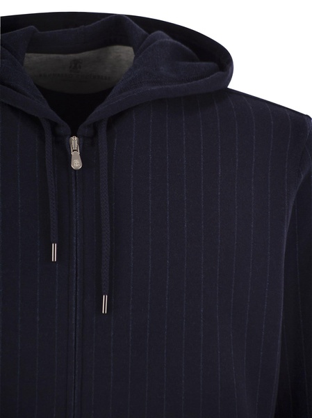 Brunello Cucinelli Double Pinstripe Fleece Topwear In Cotton, Cashmere And Silk With Zip And Hood