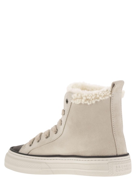 Brunello Cucinelli Suede Trainers With Shearling Lining And Jewelled Toe Cap