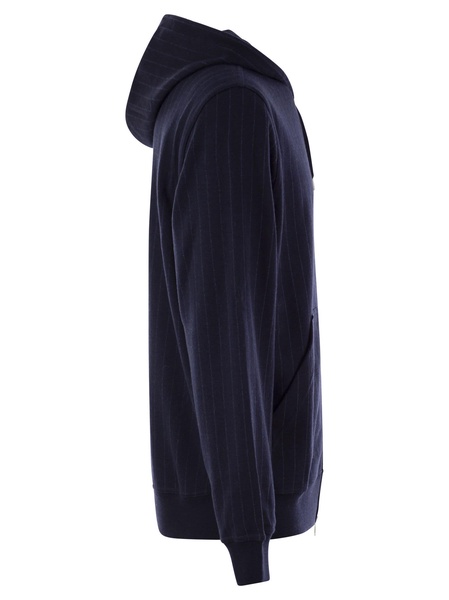 Brunello Cucinelli Double Pinstripe Fleece Topwear In Cotton, Cashmere And Silk With Zip And Hood