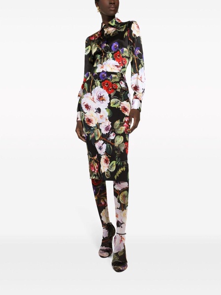 Dolce & Gabbana Flower Printed Silk Charmeuse Longuette Tubino Skirt