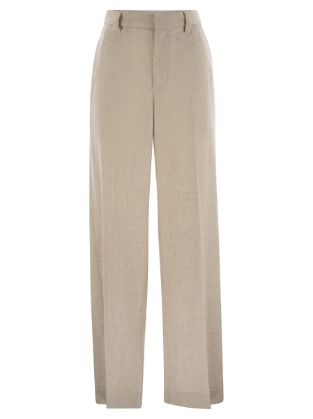 Brunello Cucinelli Wide High Waisted Wool And Cashmere Trousers With Necklace