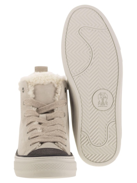 Brunello Cucinelli Suede Trainers With Shearling Lining And Jewelled Toe Cap