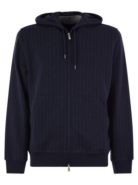 Brunello Cucinelli Double Pinstripe Fleece Topwear In Cotton, Cashmere And Silk With Zip And Hood