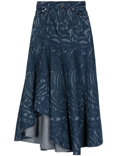 Printed Flare Denim Midi Skirt