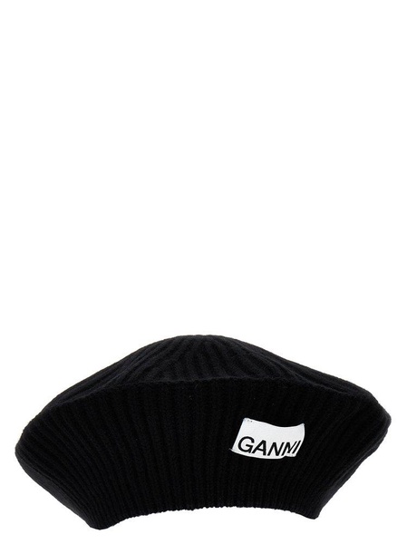 Ganni Logo Patch Ribbed Knit Hat