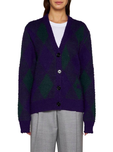 Purple Cardigan with Argyle Motif in Wool Woman