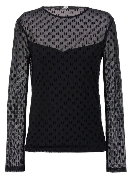 Karl Lagerfeld Long Sleeved Mesh Crewneck Top