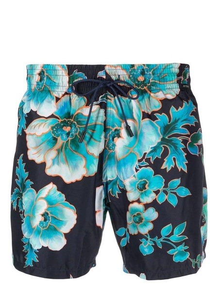 Navy Blue Swim Shorts With Maxi Floral Print