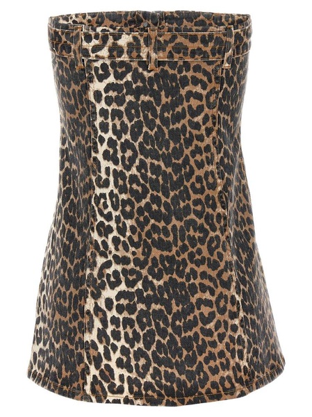 Ganni Leopard Printed Strapless Denim Top