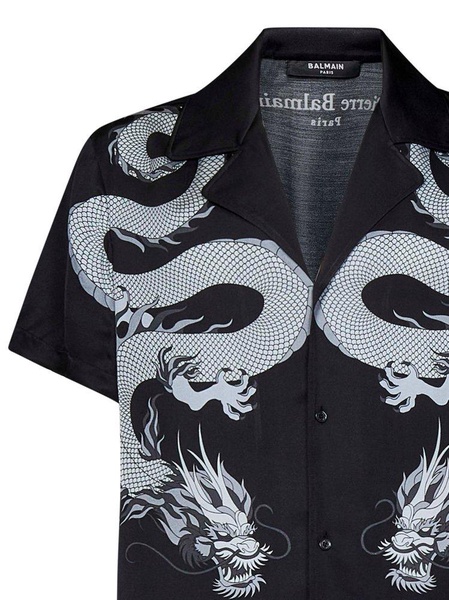 Balmain Dragon Printed Short-Sleeved Satin Shirt