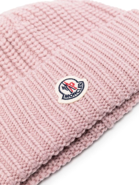 Pink Logo-Patch Virgin-Wool Beanie Hat