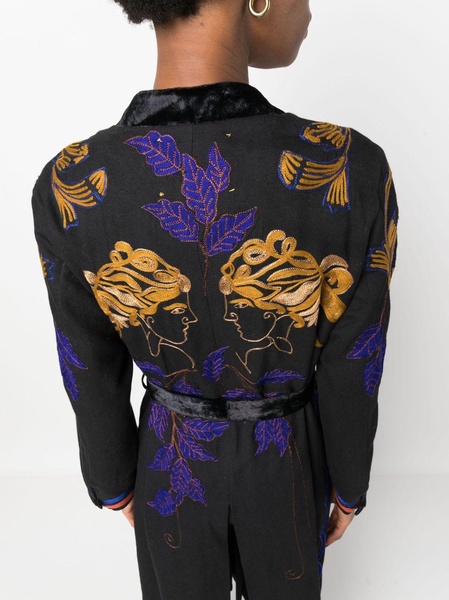 embroidered tied-waist virgin-wool coat