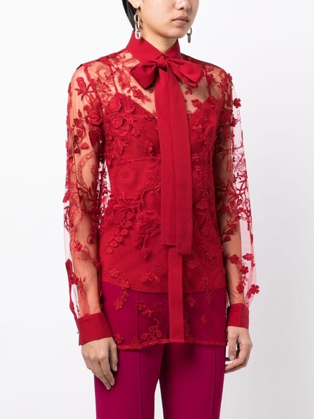 floral-embroidery tulle-overlay shirt