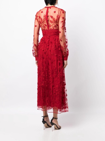 floral-embroidery tulle midi dress