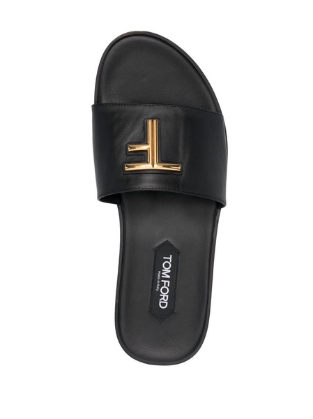 logo-plaque leather slides