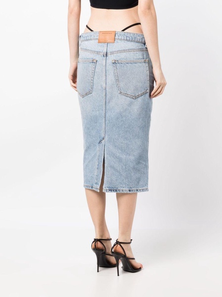 thong-strap denim midi skirt