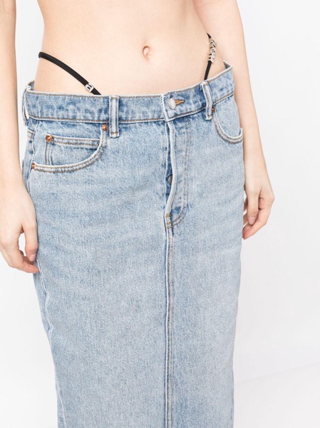 thong-strap denim midi skirt