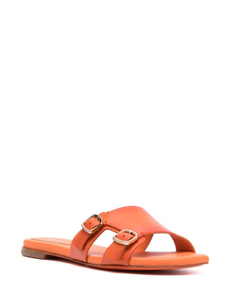 double-buckle leather slides