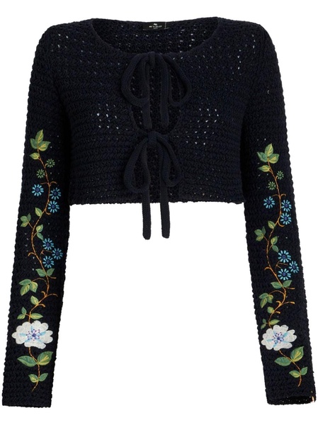 floral-embroidered crochet-knit cardigan