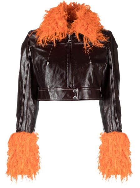 feather-trim cropped leather jacket