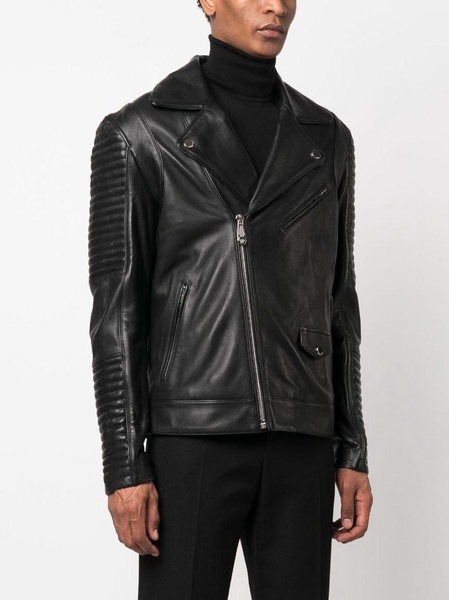 embossed-logo padded leather biker jacket