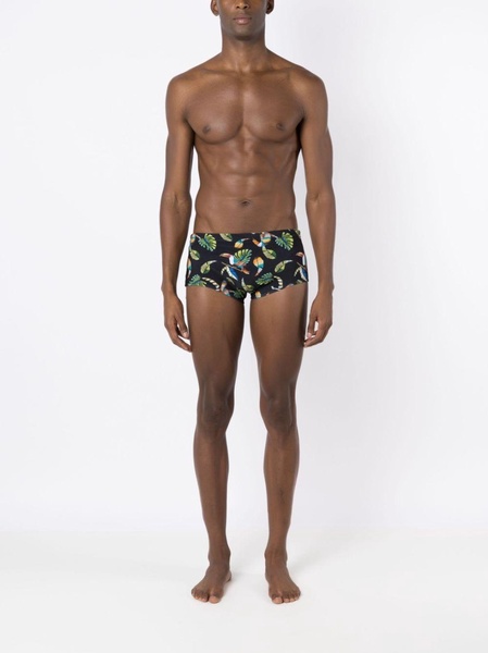 tropical-print swim trunks